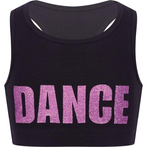 Kids Girls Sleeveless Shiny Letters Printed Crop Top Sports Gymnastics Ballet Tops Children Stage Performance Dance Costume