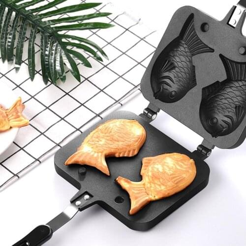 Double Fish Shaped Hot Dessert Waffle Cake Maker Pan Japanese Pancake Double Pan Fry Pan Non-stick Long Handle Waffle Maker Pan