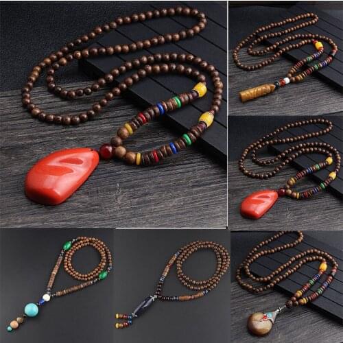 Elegant Retro Pendant Womens Wooden Beads Long Sweater Jewelry Necklace Chain