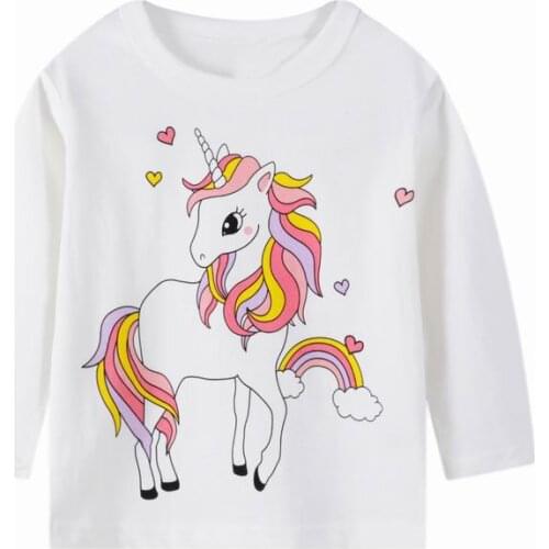 27kids Fashin Girls Spring Autumn Cotton Toddler Baby Unicorn Pattern Tops Long Sleeve T-Shirt Casual Pure white Clothing