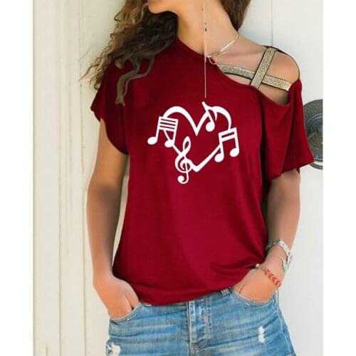 Music Note Heart Gift Print Loose T-shirt Women Irregular Tshirt Music student Tops Harajuku Skew Neck Cross Bandage T-shirt