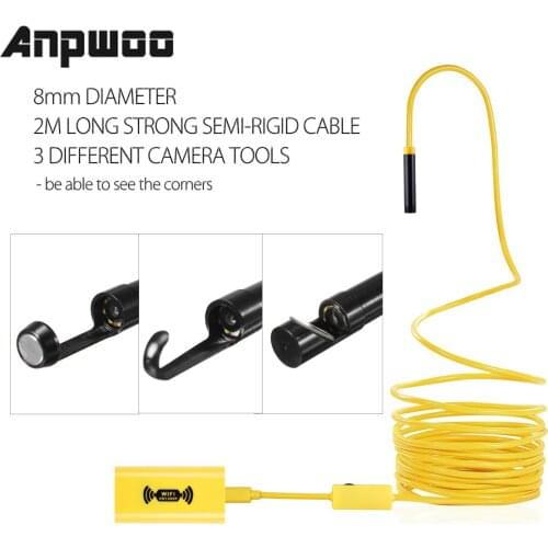 ANPWOO 2/5/10M WIFI Endoscope Camera HD 1200P 8mm 8 LED Mini Waterproof Hard Cable Inspection Camera Borescope for Iphone PC IOS