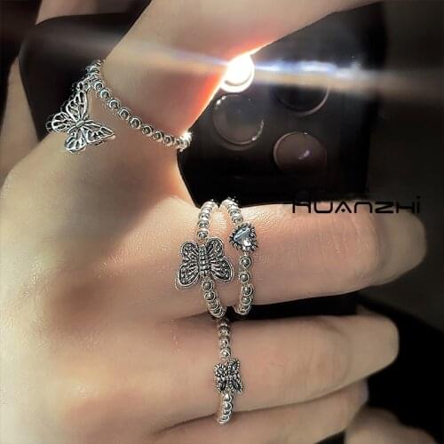 HUANZHI 2020 New Korean Trendy Individuality Love Heart Smiley Butterfly Handmade Beaded Elastic Rings for Women Girls Party