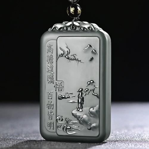 100% Natural hetian green jade pendant black jade landscape two-side handcarved jadeite jade necklace pendants real jade gift