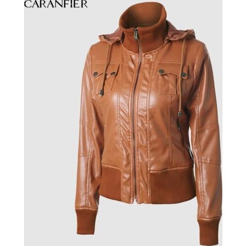 CARANFIER 2019 New Winter Leather Jacket Women Hooded Zippers Short Female Faux Leather Jacket Coat High Quality Coats Jacket