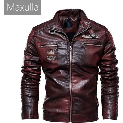 Maxulla New Mens Leather Jacket Fashion Bomber Leather Coats Casual Biker Punk Motorcycle Fleece Warm Jacket Clothing