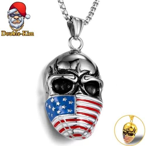 USA National Flag Skull Pendant Necklace Men Titanium Stainless Steel Material Gold Chain Necklaces Men Fashion Trendy Jewelry