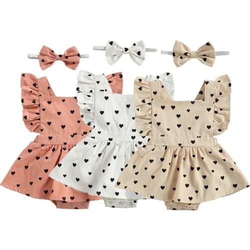 New Arrival Baby Girls Boys Bodysuits Heart Printed Ruffles Sleeve Square Collar Clothes Girls Backless Jumpsuit with Headband