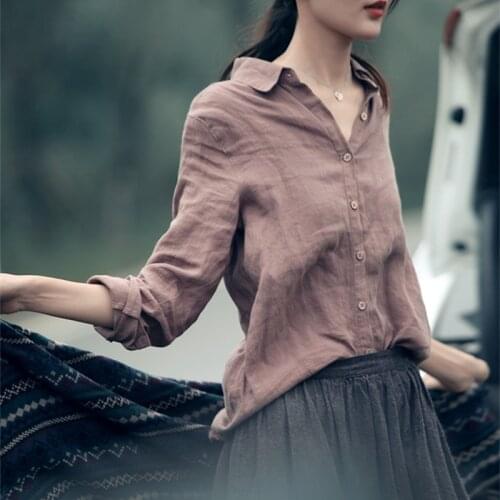 Autumn new bottoming womens leisure long sleeve loose cotton hemp Top Shirt womens Korean version 1010