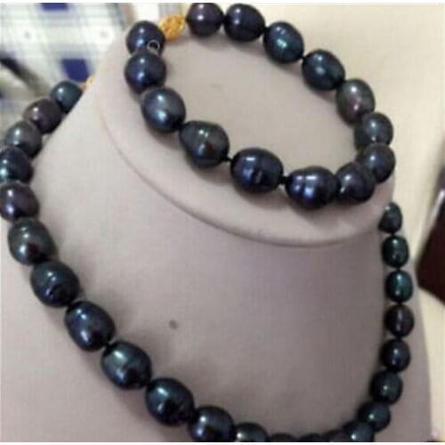 New 9-10MM Black Freshwater Pearl Necklace Bracelet Set