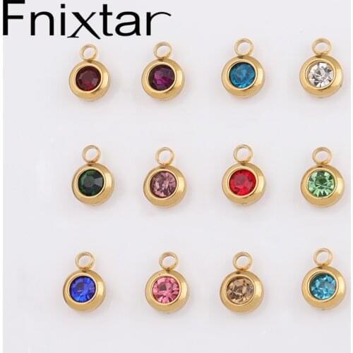 Fnixtar Gold Color Colorful Crystal Birthstone Charms Stainless Steel Round Rhinestones Charms 6.5mm 60piece/lot