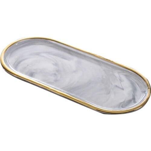 Nordic Style Gold-Plated Oval Plate Creative Ceramic Plate Marbled Western Dish Snack Plate Cake Storage Tray Jewelry Tray Decor