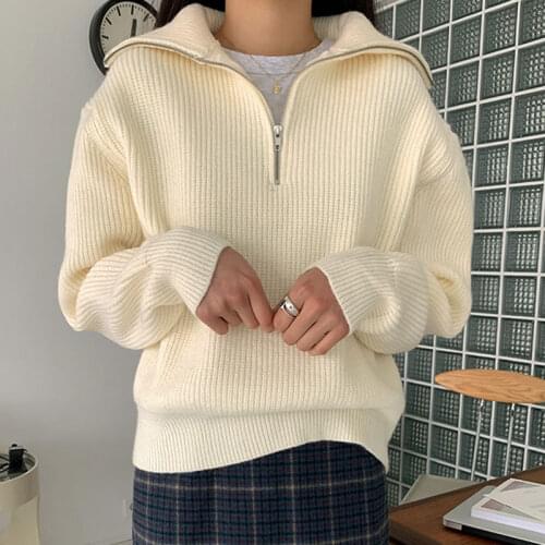Half Open Collar Zipper Pullover Sweater Korean Simple Solid Loose Long Sleeve Sweaters 2021 Fall Winter All-match Knit Jumpers