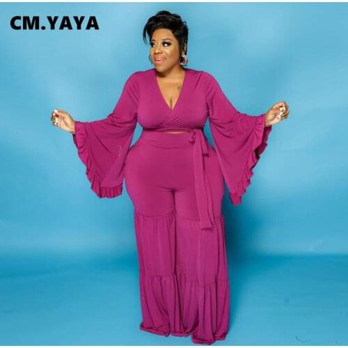 CM.YAYA Women Plus Size Set Solid Full Flare Sleeve Bandage Crop Tops Wide Leg Pants 2 Two Piece Sets Tracksuit Outfits Summer