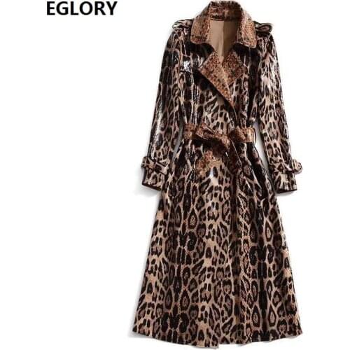 Trench 2020 Autumn Winter Long Coats High Quality Suede Leather Women Sexy Wild Leopard Print Long Sleeve Casual Overcoat Female
