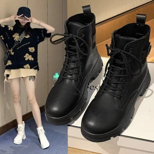 2020 Winter Fashion Womens Boots Lace Up Calf Round Head Womens Boots Black Mid Heel Square Heel PU Women Shoes