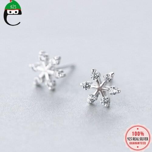 ElfoPlataSi 925 Solid Real Sterling Silver 8mmX8mm Snowflake with CZ Stud Earring For Women Christmas Present Gift XY1219