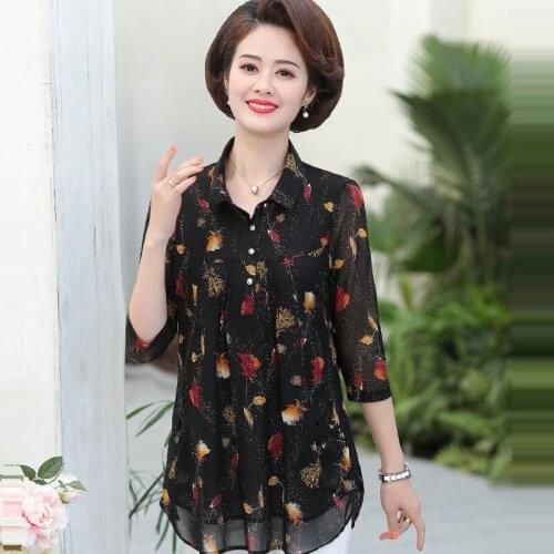 Loose Large Size Women Spring Summer Chiffon Shirts Casual Blouses Temperament Print Mid-Length Blusas Tops MM0315