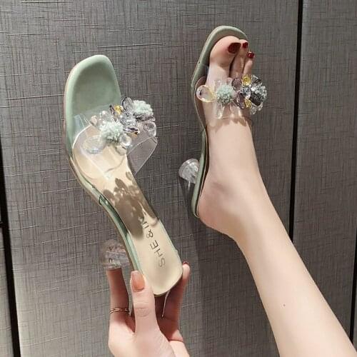 Female Shoes Womens Slippers Outdoor Glitter Slides Heeled Mules Fashion Square heel Rubber Flip Flops 2020 Jelly Heels