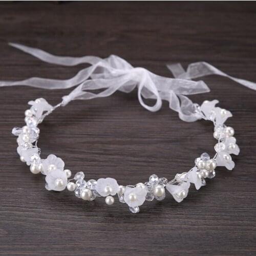 White Crystal Rhinestone Pearl Flower Headband Handmade Bridal Tiaras Headpiece Hair Jewelry for Women Wedding Hair Accessories