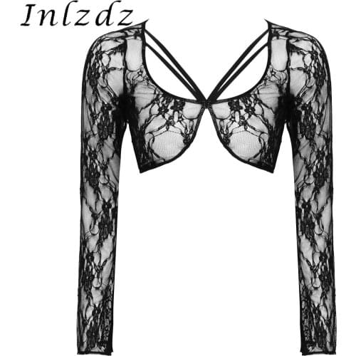 Womens Lingerie See-Through Lace Crop Top Floral Pattern Dancing Scoop Neck Long Sleeve Tops Ladies Stage Performance Costume