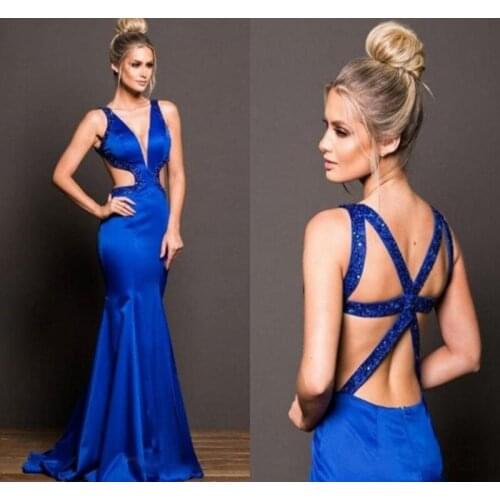 Sexy V-Neck Mermaid Royal Blue Prom Dresses 2021 Custom Made Beaded Evening Party Gowns Criss Cross Back Formal Special