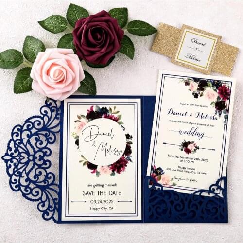 100pcs Navy Blue Wedding Invitations Laser cut Hollow Invite Greeting Cards for Wedding