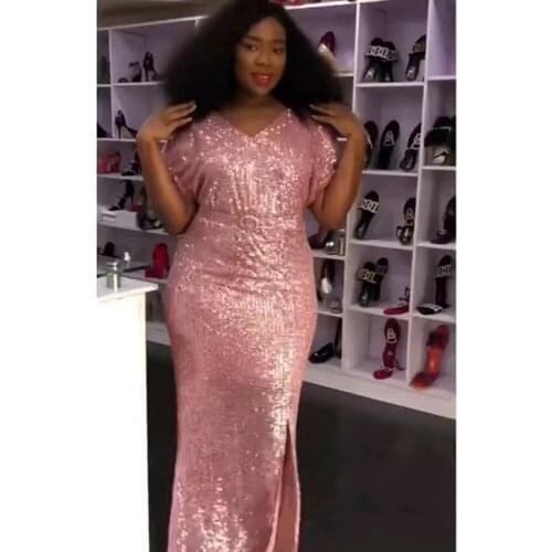 African Dresses For Women 2020 Best Selling Shining Sequins V-neck Short Sleeves Split Sexy Tight Maxi Dress With Belt Soiree