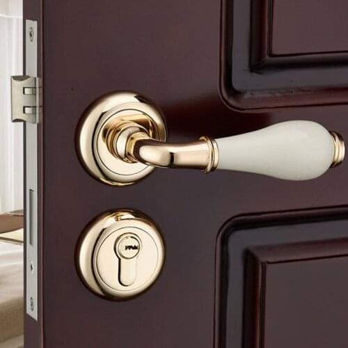 Free Shipping European simple Gold Bronze Zinc Alloy Wood door Lock Bedroom bathroom Mute Ceramic split Handles Lock Keys 72mm