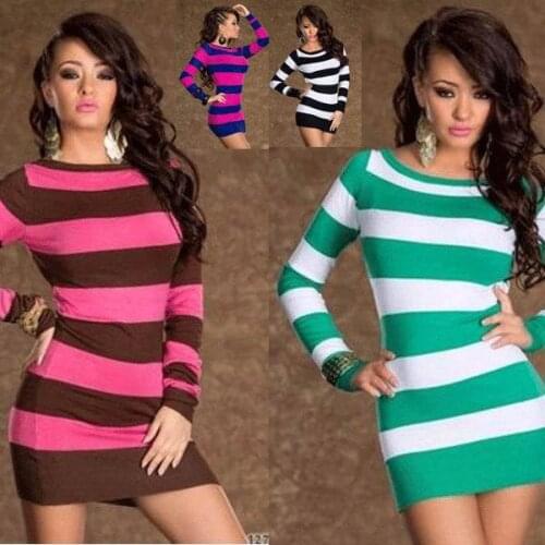 Block Mini Dress - Stripes Party Clubwear Dress Fashion Long Sleeve Sweater Dresses