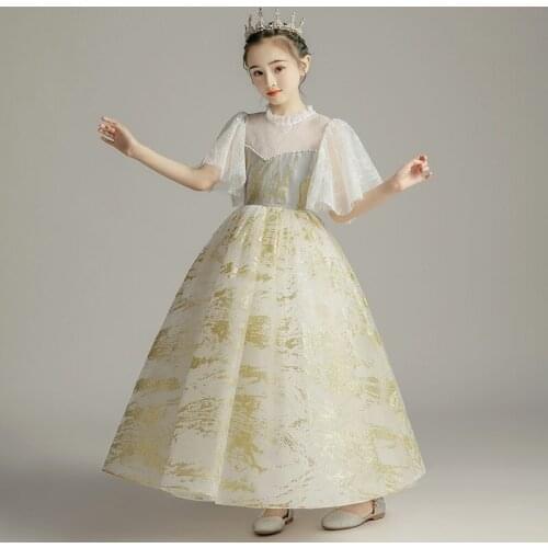 Champagne Luxury Flower Girls Dresses Princess Sequined Ball Gown Tiered Floor-Length Pearls O-Neck Tulle Kids Party Dress D202