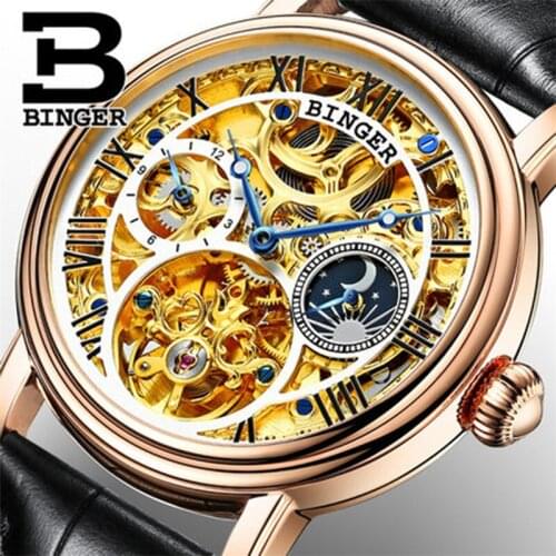 Switzerland BINGER Mens Watches Top Brand Luxury Skeleton Tourbillon water resistant Mechanical Wristwatches Relogio Masculino