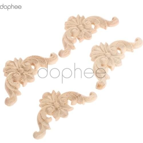 Dophee 4pcs Flower Carving Natural 10cm*10cm Wood Appliques For Furniture Cabinet Wooden Mouldings Decal Decorative Figurines