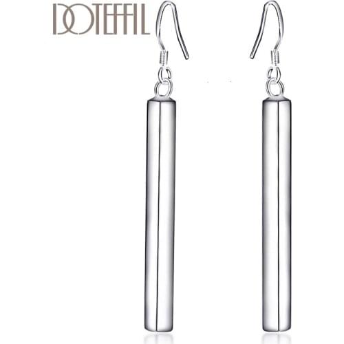 DOTEFFIL 100% 925 Silver Square Pillar Ladies Drop Earrings Female Jewelry Women Christmas Gift Drop Party Free Shipping