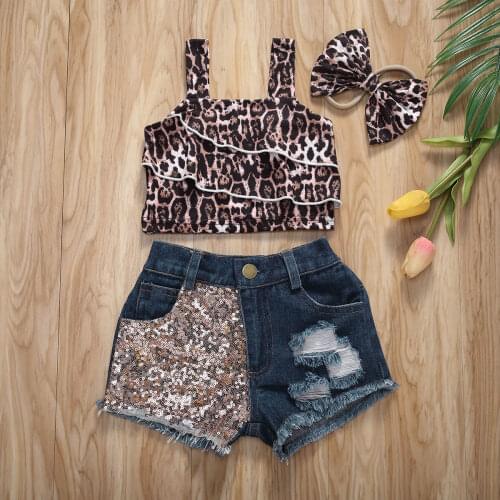 Toddler Infant Baby Girls Clothes Sets Leopard Ruffle Vest Tank Tops Sequins Hole Denim Shorts 2pcs Outfits Summer Clothing