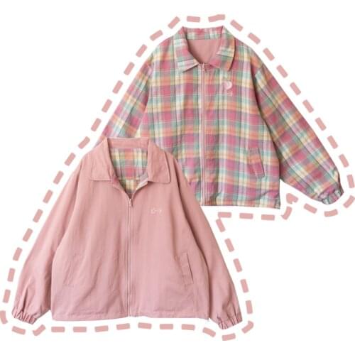 2019 Autumn Cute Womens 2WAY Jacket Pink Peach Japanese Embroidery Sweet Girl Long Sleeve Outwear