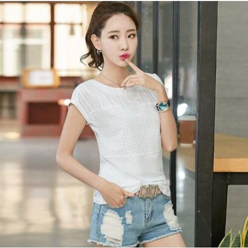 Embroidery Summer T-shirt Women Clothing Short sleeve T Shirt Fashion Korean Patchwork Casual T-shirt 95% cotton Top Tees