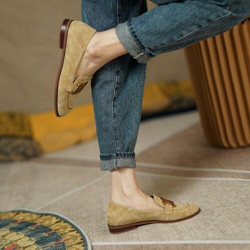 Genuine Leather Loafers Women Shose For Sheepskin Slip On Round Toe Flats Ladies Casual Penny Shoes Suede Chain Loafers