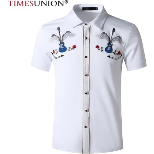 Mens Shirts Western Cowboy Short Sleeve Guitar Embroidered Shirt Slim Fit Casual Button Harajuku Shirt Men Clothing 0312-6