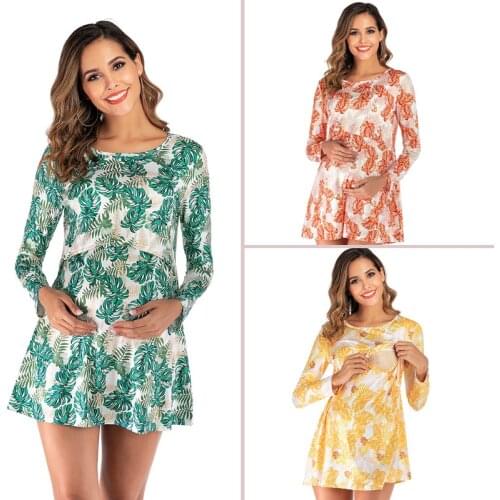 2020 New round neck long-sleeved maternity dress fashion breastfeeding clothes Fashion trend explosions