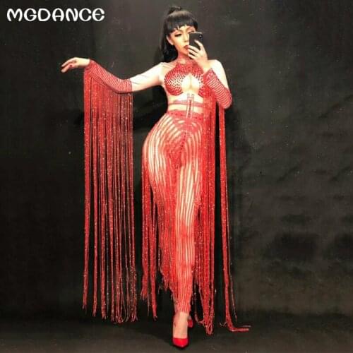 New Sexy Long Tassel Women Glisten Crystals Red Jumpsuit Outfit Nightclub Singer Costume Stage Dance DS Performance Clothing