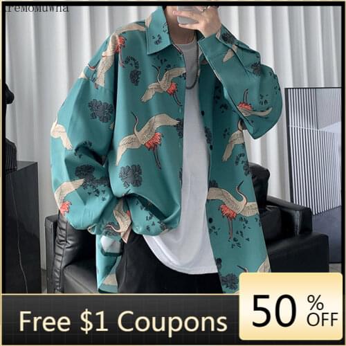 Areemomuwha Autumn Shirt Mens Long-Sleeved Loose Crane Hong Kong Style Shirt Korean Version Fashion Design Sense Handsome Coat