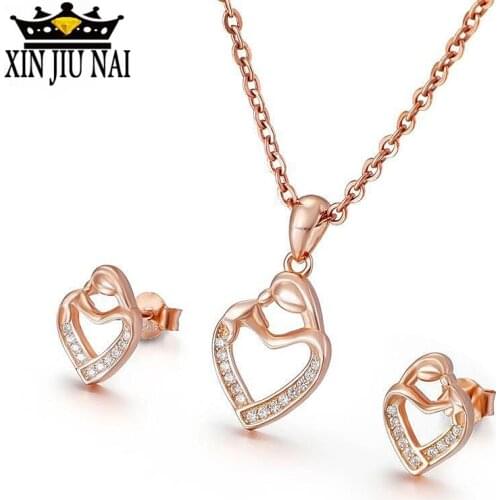 2/set 925 silver necklace mother love mother and child heart pendant rose gold diamond mothers day gift necklace earrings set