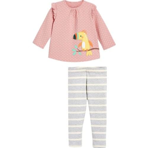 Girls O-neck Long Sleeve Casual Fashion Cartoon Birds T-shirts+Stripes Legging Pants 2PCS Clothing Sets Cotton Set