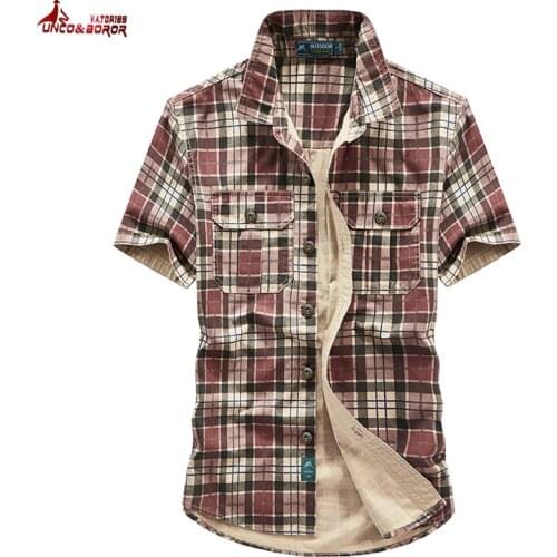 Summer Streetwear Mens Plaid 100% Cotton Dress Shirt Male High Quality Short Sleeve Slim Fit Business Casual Shirt Men Clothing