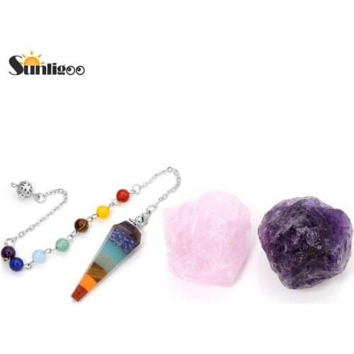 Sunligoo 7 Chakra Healing Crystals Kit 7 Chakra Hexagonal Pyramid Point Dowsing Pendulum Natural Raw Gemstones Meditation Set