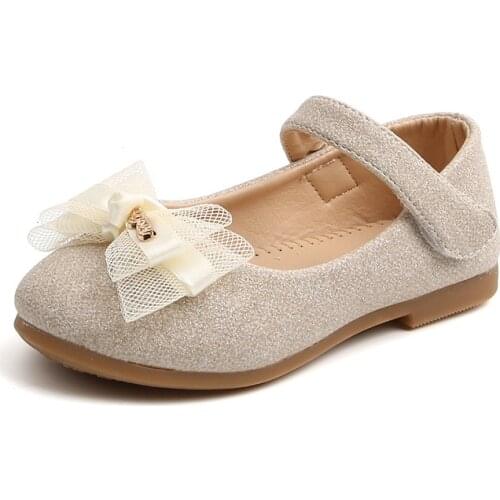 Kids Flats For Girls Shoes Toddlers Little Girl Children Dress Shoes Glitter Leather With Lace Bow-knot Princess Wedding Shoes