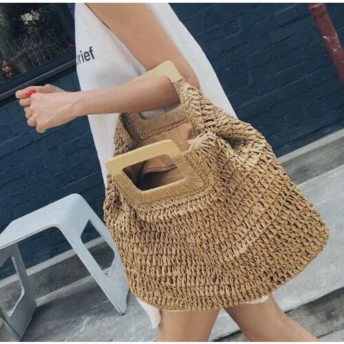 Rattan Large Capacity Totes for Women Casual Wicker Woven Wooden Handbags Summer Beach Straw Bag Lady Big Purses Travel Sac 2021