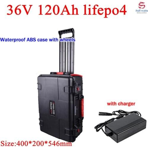 Waterproof 36V 120AH Lifepo4 lithium battery BMS with wheel trolley case for 4000W scooter bike boat inverter +10A Charge