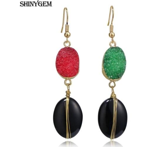 ShinyGem Asymmetric Druzy Crystal Earrings For Women Bohemia Vintage Gold Wire Winding Black Beads Dangle Long Drop Earrings